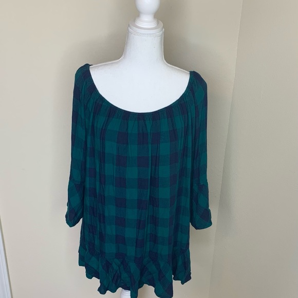 🌵🦆Off The Shoulder Blue/Green Plaid Blouse - Picture 1 of 4